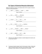 Chemical reactions are happening all the time around use and we just don't realize it. Six Types Of Chemical Reaction Worksheet Six Types Of Chemical Reaction Worksheet Balance The Following Reactions And Indicate Which Of The Six Types Course Hero