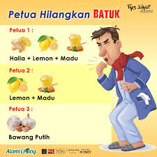 Batuk merupakan gejala yang boleh disebabkan oleh masalah seperti jangkitan virus, gatal tekak, penyakit kronik & sebagainya. Alami Living Malaysia Petua Hilangkan Batuk Petua 1 Halia Lemon Madu Terdapat Dua Cara Yang Boleh Dipilih 1 Halia Dan Buah Lemon Dihiris Nipis Masukkan Hirisan