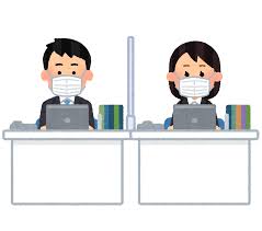 アクリル板を間に挟んで仕事をする人たちのイラスト | かわいいフリー ...