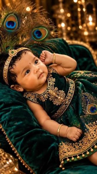 Royal Emerald Velvet Baby Krishna Portrait
