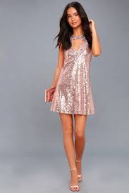 Grandeur Rose Gold Sequin Cutout Swing Dress Sparkly Party Dress Swing Dress Dresses