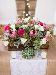 Protea And Greens Centerpiece Box Wedding Centerpieces Succulent Wedding Centerpieces Protea Wedding