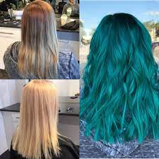 Before During And After Turquoise Hair Color Bright Fun Hair Turquoise Hair Turquoise Hair Color Cool Hairstyles