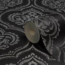 Black And Silver Wallpaper B Q Ornamental Damask Black Glitter Effect Wallpaper Departments Diy At B Q Glitter Wallpaper Diy Wallpaper Embossed Wallpaper