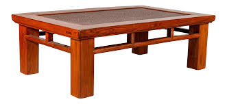 Large rustic farmhouse coffee table, provincial brown top, creamy white distressed base, large square coffee table with shelve. Antique Chinese Elm Coffee Table With Square Legs And Rattan Inset Top Chairish