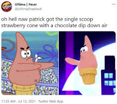 Maybe you would like to learn more about one of these? Oh Hell Naw Patrick Got The Single Scoop Strawberry Cone With A Chocolate Dip Down Air Nickelodeon All Star Brawl Know Your Meme