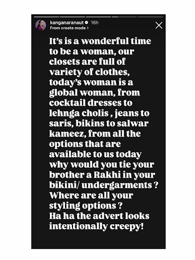 Actress-politician Kangana Ranaut took to her Instagram story to share her  sharp take on Kriti Sanon's latest Raksha Bandhan ad campaign. Questioning  the choice of outfit featured in the commercial, Kangana called