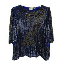 Black And Gold Top Womens Vintage Womens 1x Beaded Top Blouse Plus Size Blue Gold Sequin Floral Silk Party Scala Blouse Party Blouses For Women Plus Size Women Plus Size Blouses