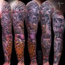 Sleeve Tattoo By Nicklas Westin Japanese Neo Traditional Dragon Foo Dog Skull Flower Sleeve Tattoos Tattoos Dragon Tattoo