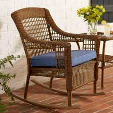Hampton Bay Spring Haven Brown All Weather Wicker Outdoor Patio Rocking Chair With Sky Blue C Cheap Patio Furniture Patio Rocking Chairs Wicker Porch Furniture