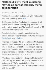 10 piece chicken mcnuggets, a coke, medium fries, and 2 exclusive sauces picked by bts: Bts Merch Restocks On Twitter Mcdonald S Bts Meal Launching May 26 To June 20 In Us And 11 Other Countries 50 Countries Total 10 Piece Chicken Mcnuggets Medium Fries