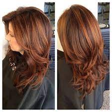 Heavy Layered Long Haircut Deep Copper Red Base With A Vibrant Highlight Styled With 4 3 And 2 5 R Hair Color Auburn Hair Styles Dark Auburn Hair Color
