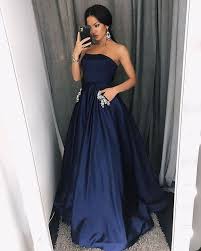 Elegant Strapless Navy Prom Party Dresses With Beaded Pocket Fashion Evening Gowns Dresses Pockets Kleding Gala Jurken Jurken