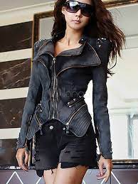 Women Motorcycle Jacket Denim Jacket Rivet Long Sleeve Zipper Biker Jacket Milanoo Com Leather Jackets Women Fashion Motorcycle Jacket Women