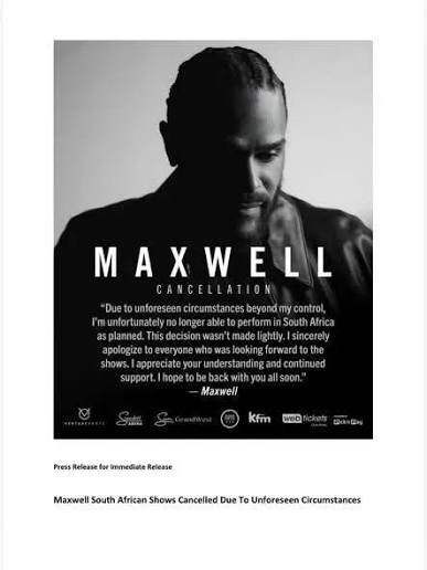 Maxwell's South African concerts cancelled, refunds to be issued
