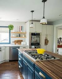 Dark Blue Kitchen Island With Butcher Block In 2020 Blue Kitchen Island Dark Blue Kitchens Cottage Kitchen Tiles