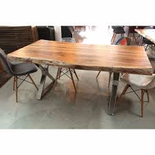 Acacia Live Edge Wood Table With Crossed Chrome Legs Wazo Furniture Wood Dining Room Table Live Edge Wood Table Wood Table