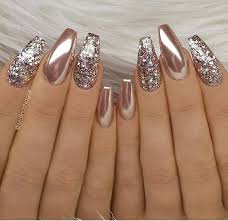 60 Gorgeous Glitter Acrylic Coffin Nails Designs Rose Gold Metallic Nails Glitter Nail Art Metallic Nails