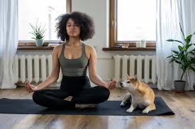 Empty room in yoga studio with unrolled yoga mat on wooden floor, modern fitness center with big windows woman doing meditation pose on yoga mat. 15 Calming Meditation Room Ideas Insteading