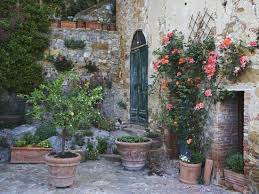 Urns are beautiful planters in a patio garden design. Potted Plants Decorate A Patio In Tuscany Petroio Italy Photographic Print Dennis Flaherty Art Com