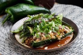 Quinoa Stuffed Poblanos With Mole Sauce Green Beans Recipe Vegetarian Recipes Green Beans Mole Sauce