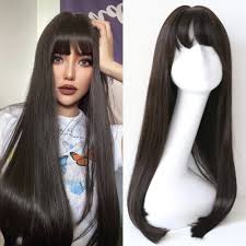 Natural Long Straight Synthetic Black Wig With Bangs - Etsy