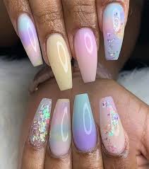 This overall rain art seems to be a perfect depiction of floating clouds and rainbow. Pastel Rainbow Nails With Glitter Rainbownails Colorfulnails Pastelnails Rainbow Nails Design Rainbow Nails Hot Nail Designs