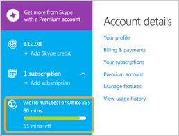 The Subscriptions Section Showing The Used And Remaining Minutes Under World Minutes For Office 365