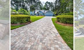 I will often cut in a band at the top and bottom of the drive to match the new side bands. American Paving Design Pavers Patios Driveways Outdoor Kitchens Travertine And Retaining Walls
