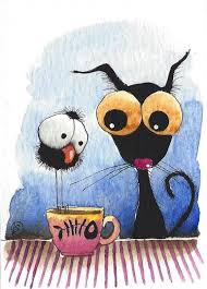 Aceo Original Watercolor Painting Whimsical Bird Crow Black Cat Cup Of Joe Illustrationart Whimsical Paintings Whimsical Art Watercolor Paintings