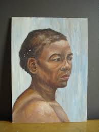 Vintage Original Portrait Striking Antique Painting, Unframed Blue  Background