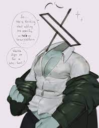 twitter, absurdres, highres, 1boy, 1kogito1, bara, blue skin, clothes pull,  collared shirt, colored skin, come hither, english text, formal, jacket,  male focus, midriff peek, muscular, muscular male, object head, open  clothes, open