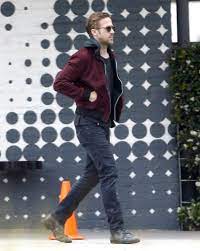 Ryan Gosling Wearing Burgundy Bomber Jacket Black Hoodie Black Crew Neck T Shirt Black Jeans Mens Fashion Summer Burgundy Leather Jacket Red Bomber Jacket