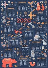 Calendar For 2020 In A Fabulous Folk Style Blue Background Forest Animals And Birds Flowers And Leaves Mi Diy Calendar Diy Calendar Design Print Calendar