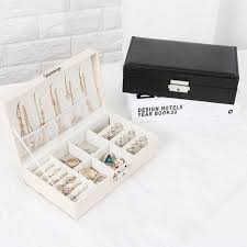 Portable Travel Jewelry Box Organizer Velvet Jewellery Ornaments Case Storage Beige