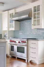 Love This Classic White Kitchen With Pale Blue Subway Tile Backsplash For White Cabinets Light Blue Kitchens Classic White Kitchen