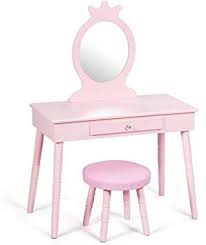 Goflame Kids Vanity Set Princess Dressing Table Set Wooden Dresser Little Girls Makeup Table And Stool Set Pre In 2020 Kids Vanity Vanity Table Set Kids Vanity Set