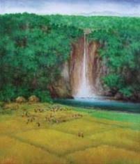 Akan lebih bagus jika ada air terjun di sekitar rumah kalian. Royatna Pemandangan Sawah Dan Air Terjun Mutualart