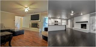 Before After Modern Living Room Dark Hardwood Floors White Brick Fireplace Floating Mantel Open Ki White Brick Fireplace Large Hallway Stairs In Kitchen