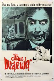 A promotional color photo from the 1972 film Dracula A.D. 1972, featuring  actor Christopher Lee as Count Dracula and actress Glenda Allen as Jessica  Van Helsing.