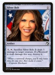 Silver Bolt 1 Artifact 3, دم Sacrifice Silver Bolt: It deals 3 damage to  target creature. If a Werewolf is dealt damage this way, destroy it. "When  a werewolf charges, you 'Il