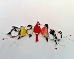 Birds On A Wire Stained Glass Pattern Favorite Backyard Birds Canadian Bird Gang On 3 D Tinned Wire Branch With Red Berries Stained Glass Sun Catcher Stained Glass Birds Glass Birds Stained Glass