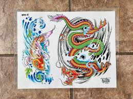 Vintage Official Tattoo Brand Flash Wall Art Chinese Water Dragon Koi Fish  Large | eBay