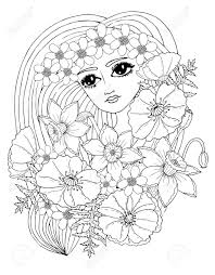 Portrait Young Beautiful Girl With The Long Hair And Flower Coloring Royalty Free Cliparts Vectors And Stock Illustration Image 122784677