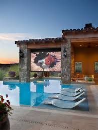 Love The Shallow Shelf On This Pool For Lounging And The Movie Screen To Watch Movies From The Pool Backyard Pool Designs Dream Backyard Pool Houses