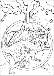 Tree Dinosaurs Velociraptor Spinosaurus And Eocarcharia Threatened By An Erupting Volcano Dinosaur Coloring Pages Dinosaur Coloring Coloring Pages