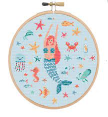 25% asian indigo 2 birds #3 folk art *2 dmc colors** counted cross stitch pattern Under The Sea Mermaid