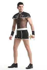 Role Play Mens Sexy Mesh Priest Cosplay Uniform Set Gay Bar Dance Perform  Costume Outfit