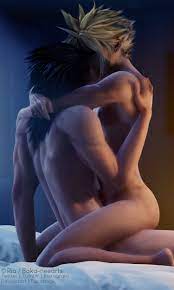 2boys 3d back bare back bed black hair blender blonde hair cloud  strife completely nude completely nude male couple duo earrings embrace final  fantasy final fantasy vii final fantasy