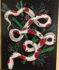 White Snake With Red Roses Lavender Pine Cones Plants Acrylic Painting By Emily Lamm Rose Painting Art Inspiration Art
